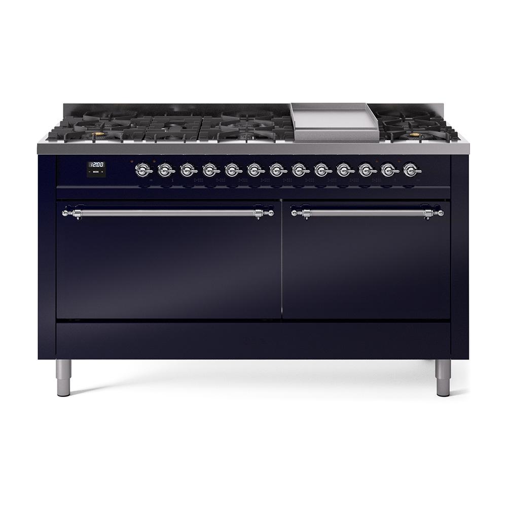 Ilve UP60FQNMPMBCLP Ilve Nostalgie Ii 60 Up60Fqnmpmbc Freestanding Dual Fuel Range With 9 Sealed Burners Double Oven With Solid Door In Midnight Blue With Chrome Knobs