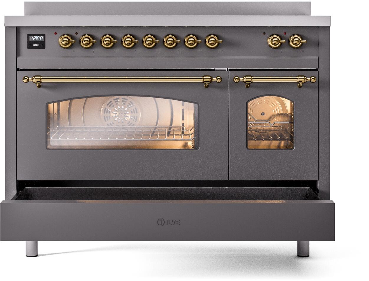 Ilve UPI486NMPMGG Nostalgie Ii 48 Inch Electric Freestanding Range In Matte Graphite With Brass Trim