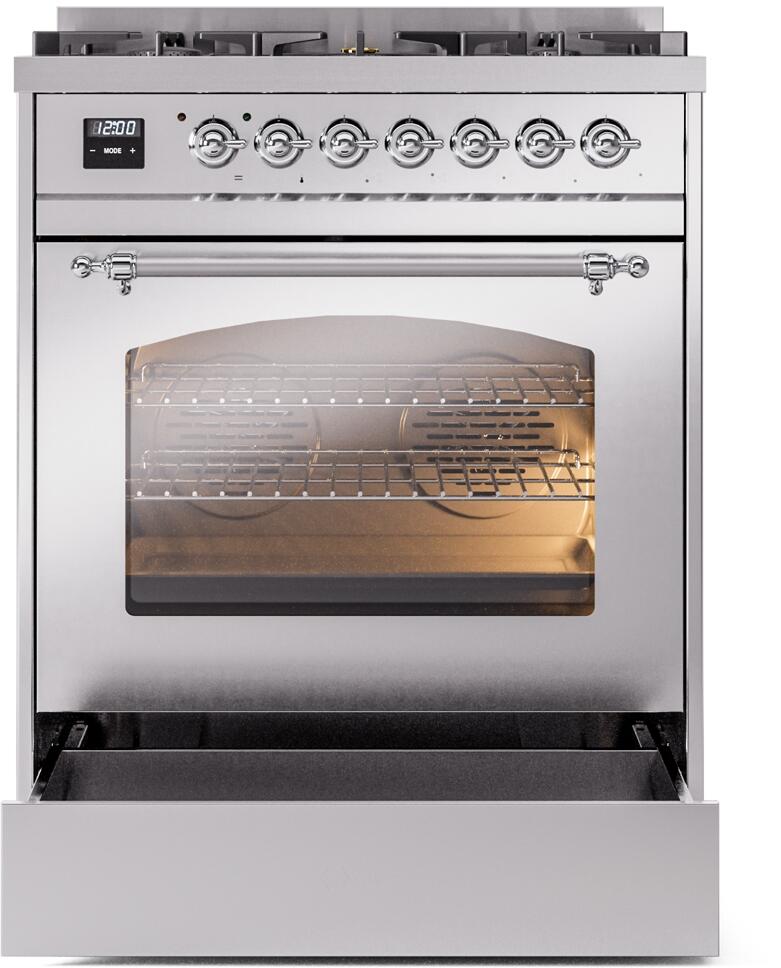 Ilve UP30NMPSSCLP Nostalgie Ii 30 Inch Dual Fuel Liquid Propane Freestanding Range In Stainless Steel With Chrome Trim