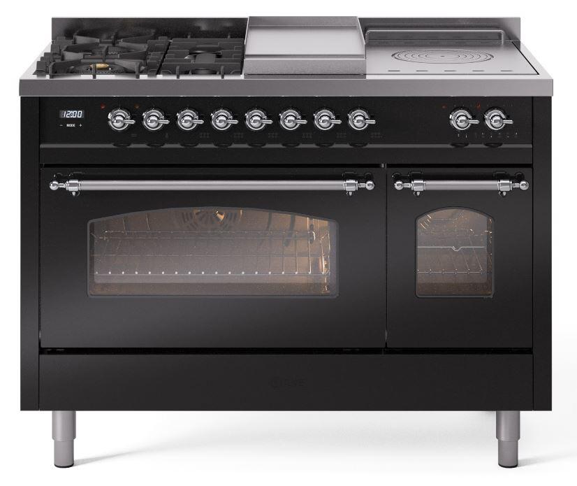 Ilve UP48FSNMPBKCLP Nostalgie Ii 48 Inch Dual Fuel Liquid Propane Freestanding Range In Glossy Black With Chrome Trim