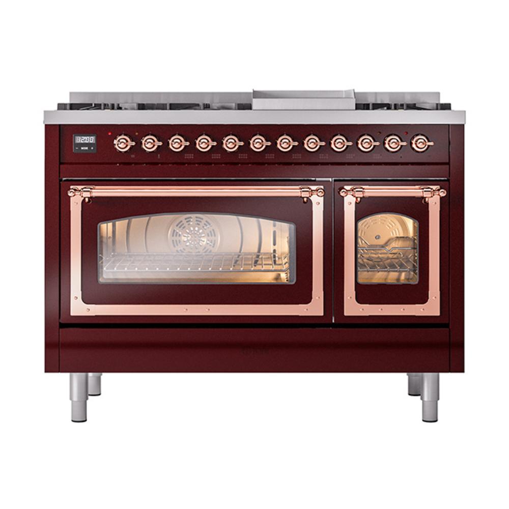 Ilve UN48FNMPBUPLP Ilve Un48Fnmpbuplp Nostalgie Ii Noblesse 48" Dual Fuel Range (8 Sealed Burners + Griddle, Liquid Propane, Triple Glass Door, Burgundy, Copper)