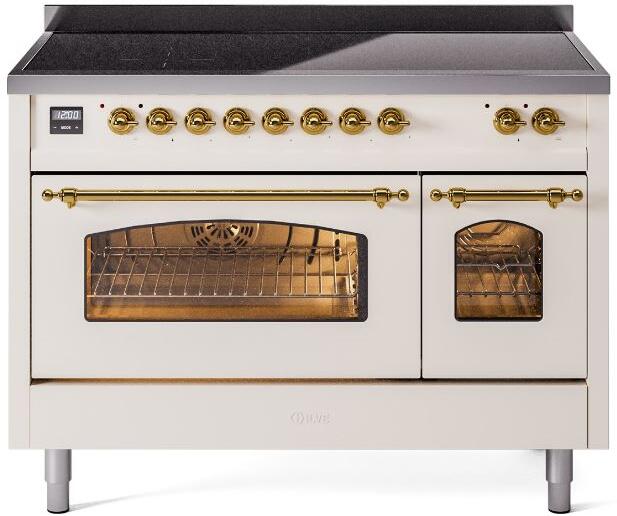 Ilve UPI486NMPAWG Nostalgie Ii 48 Inch Electric Freestanding Range In Antique White With Brass Trim