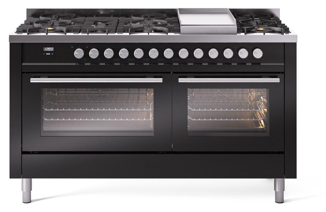 Ilve UP60FWMPBK Professional Plus Ii 60 Inch Dual Fuel Natural Gas Freestanding Range In Glossy Black With Trim