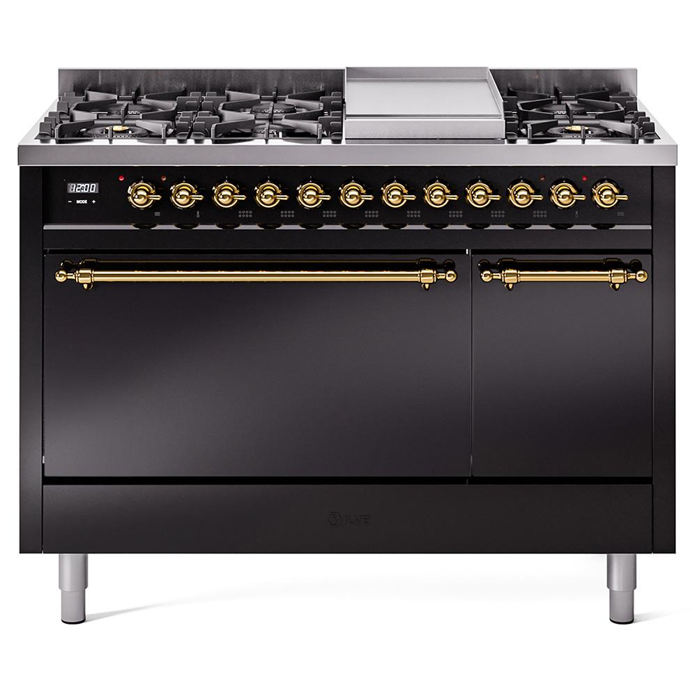 Ilve UP48FQNMPBKG Ilve Nostalgie Ii 48 Up48Fqnmpbkg Freestanding Dual Fuel Range With 8 Sealed Burners Yes Double Oven With Solid Door In Glossy Black With Brass Knobs