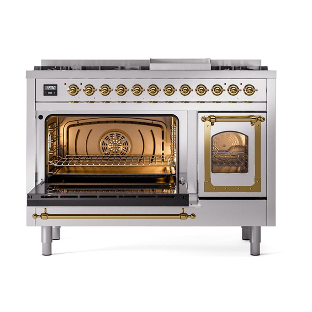 Ilve UN48FNMPSSG Ilve Un48Fnmpssg Nostalgie Ii Noblesse 48" Dual Fuel Range (8 Sealed Burners + Griddle, Natural Gas, Triple Glass Door, Stainless Steel, Brass)