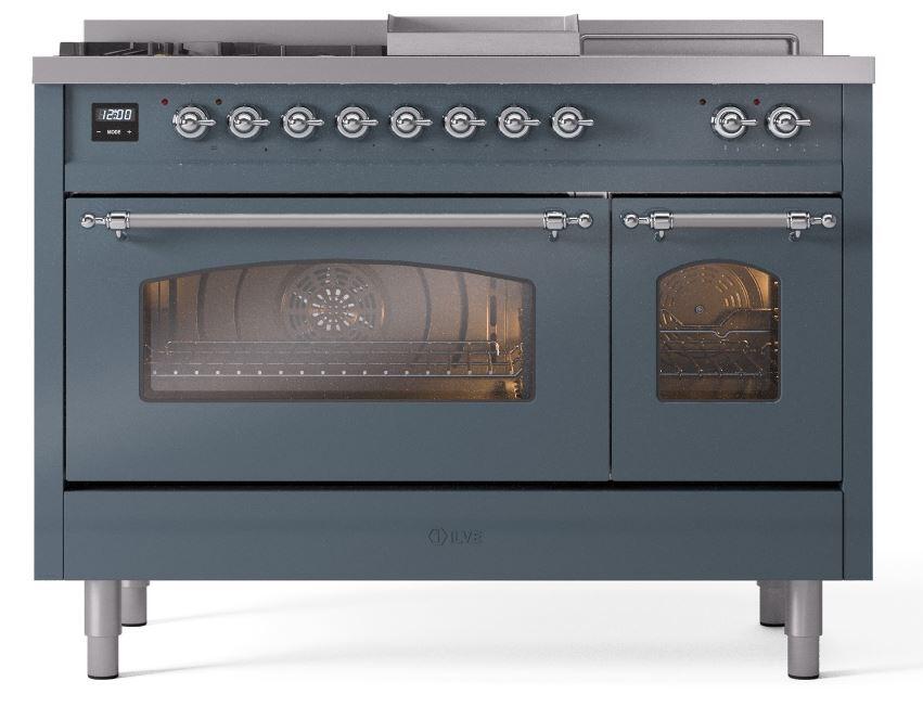 Ilve UP48FSNMPBGCLP Nostalgie Ii 48 Inch Dual Fuel Liquid Propane Freestanding Range In Blue Grey With Chrome Trim