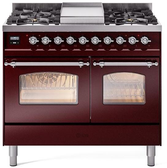 Ilve UPD40FNMPBUC Nostalgie Ii 40 Inch Dual Fuel Natural Gas Freestanding Range In Burgundy With Chrome Trim