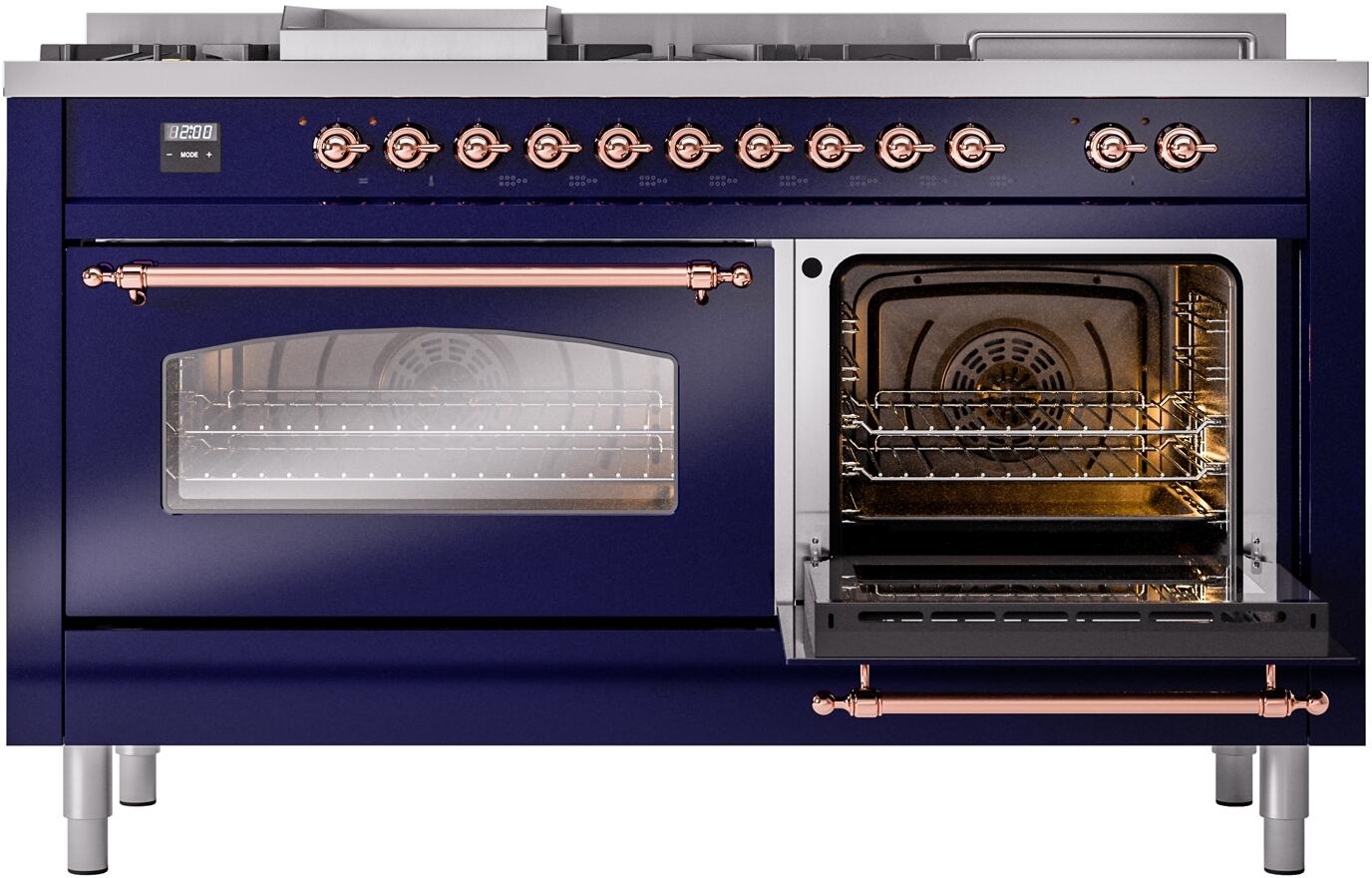 Ilve UP60FSNMPMBPLP Nostalgie Ii 60 Inch Dual Fuel Liquid Propane Freestanding Range In Blue With Copper Trim