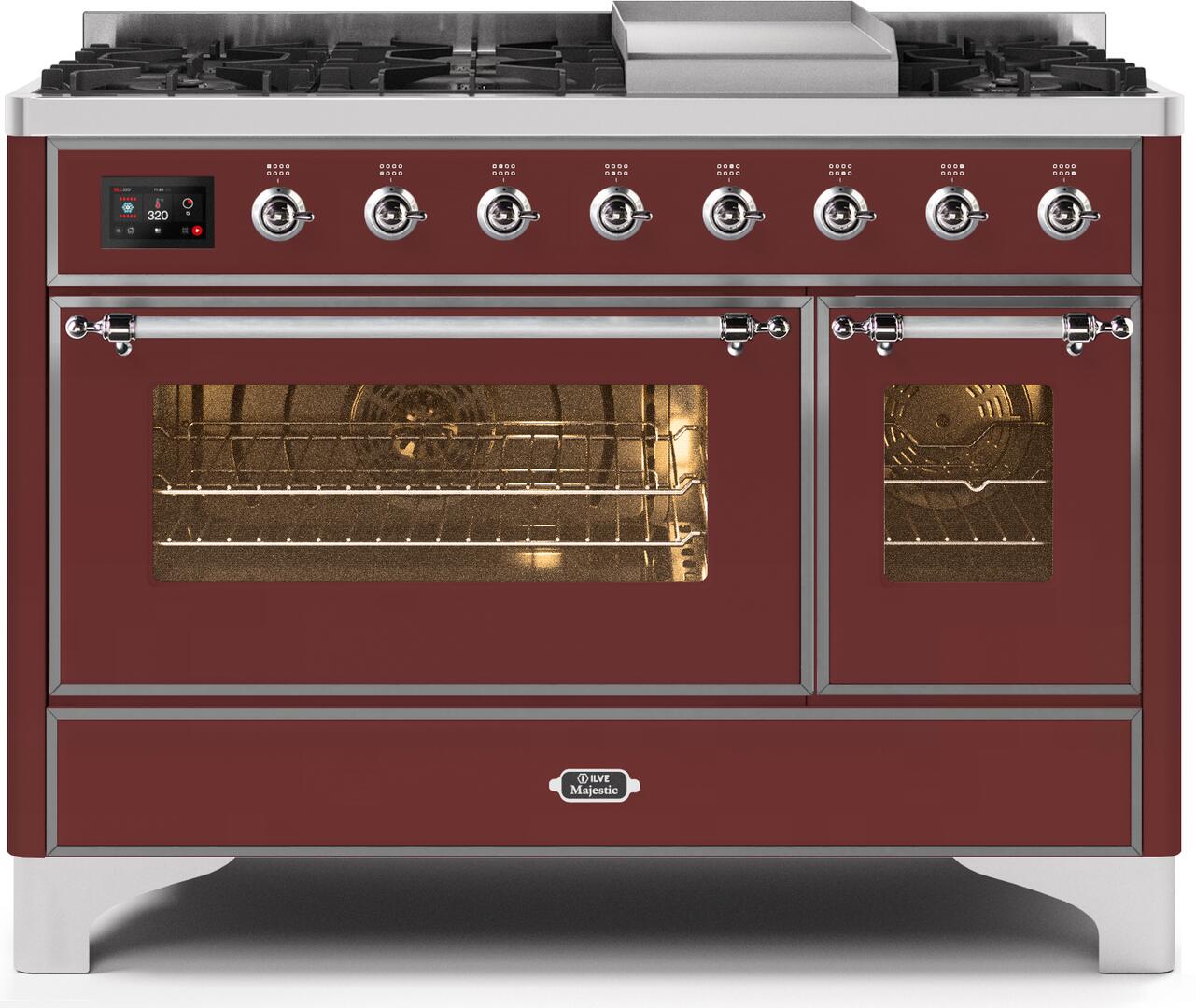 Ilve UM12FDNS3BUC Majestic Ii 48 Inch Dual Fuel Natural Gas Freestanding Range In Burgundy With Chrome Trim