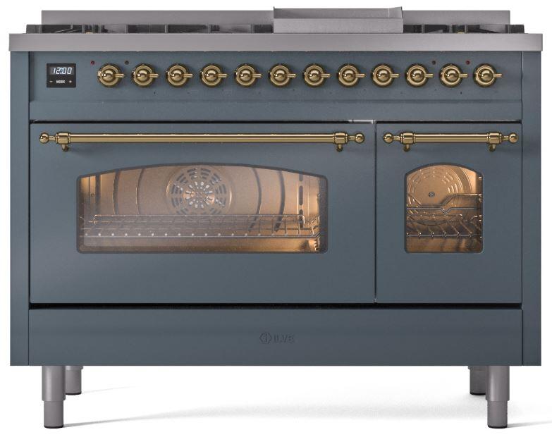 Ilve UP48FNMPBGGLP Nostalgie Ii 48 Inch Dual Fuel Liquid Propane Freestanding Range In Blue Grey With Brass Trim