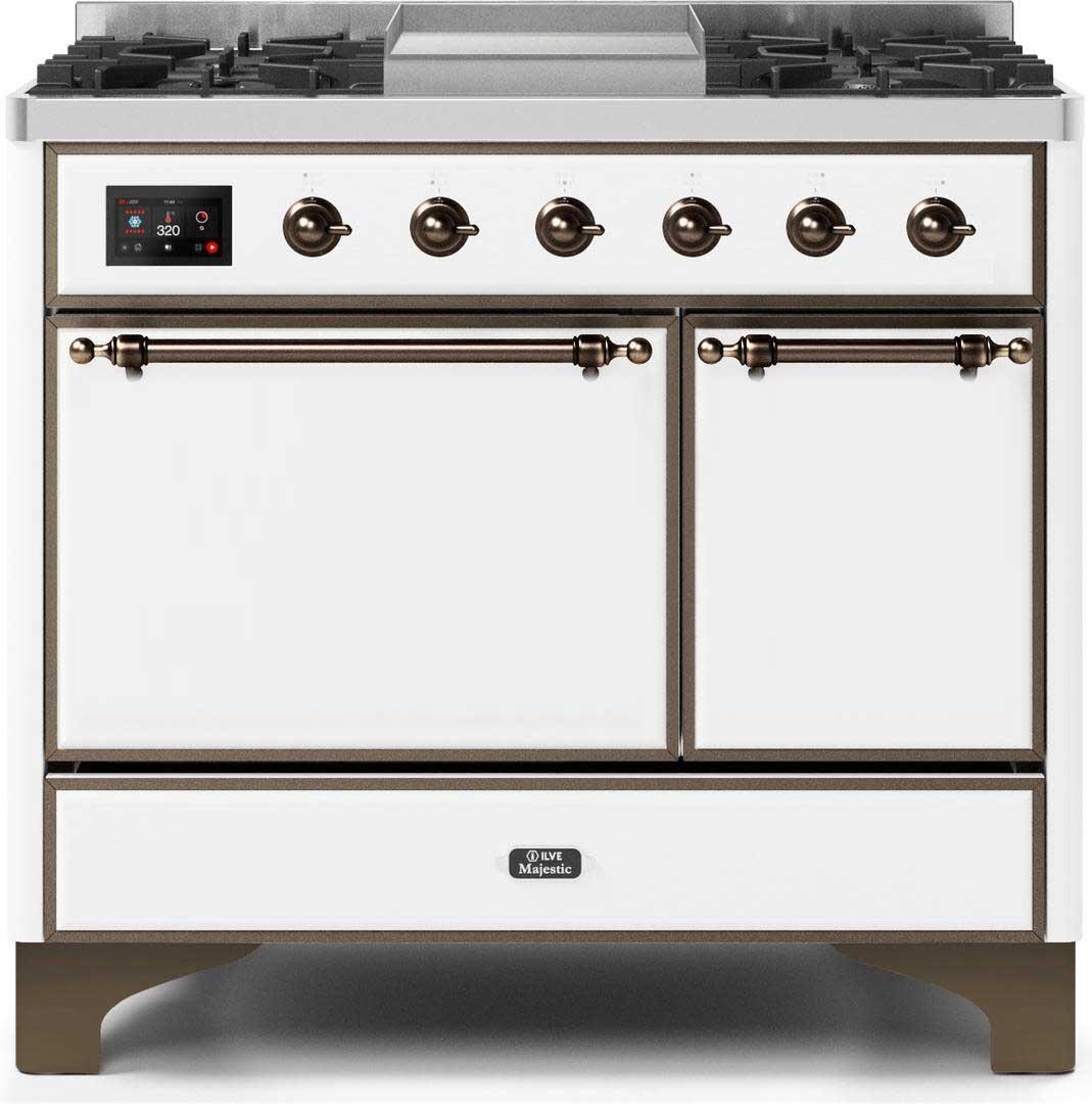 Ilve UMD10FDQNS3WHB Majestic Ii 40 Inch Dual Fuel Natural Gas Freestanding Range In White With Bronze Trim