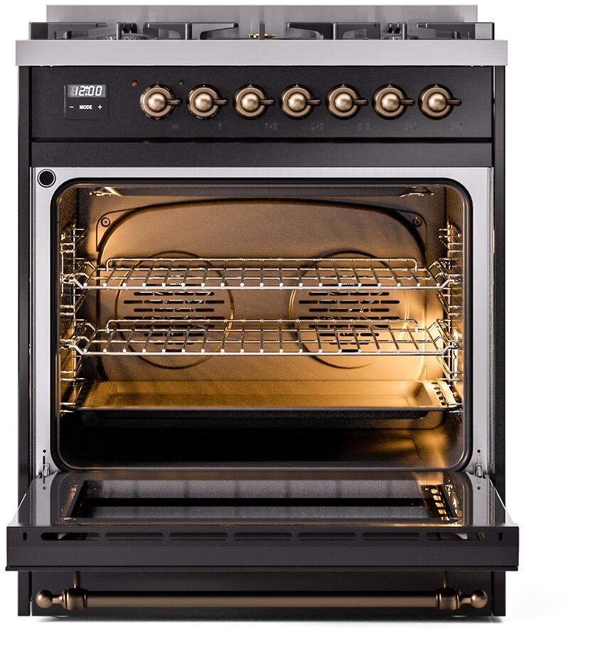 Ilve UP30NMPBKB Nostalgie Ii 30 Inch Dual Fuel Natural Gas Freestanding Range In Glossy Black With Bronze Trim