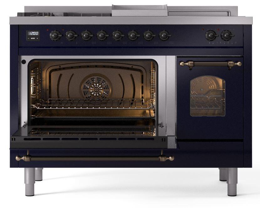 Ilve UP48FSNMPMBB Nostalgie Ii 48 Inch Dual Fuel Natural Gas Freestanding Range In Blue With Bronze Trim