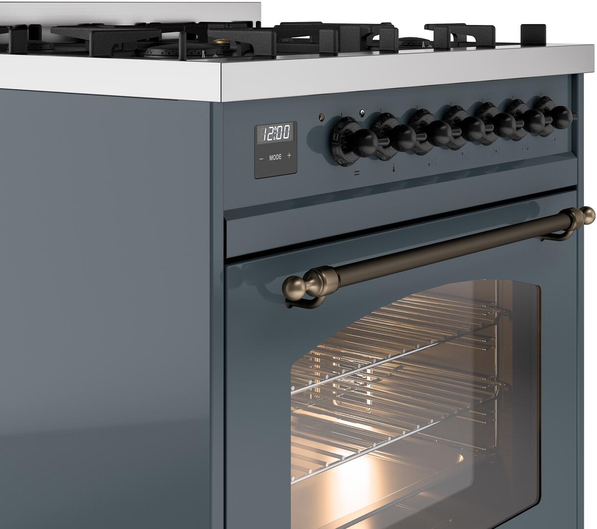 Ilve UP30NMPBGB Nostalgie Ii 30 Inch Dual Fuel Natural Gas Freestanding Range In Blue Grey With Bronze Trim