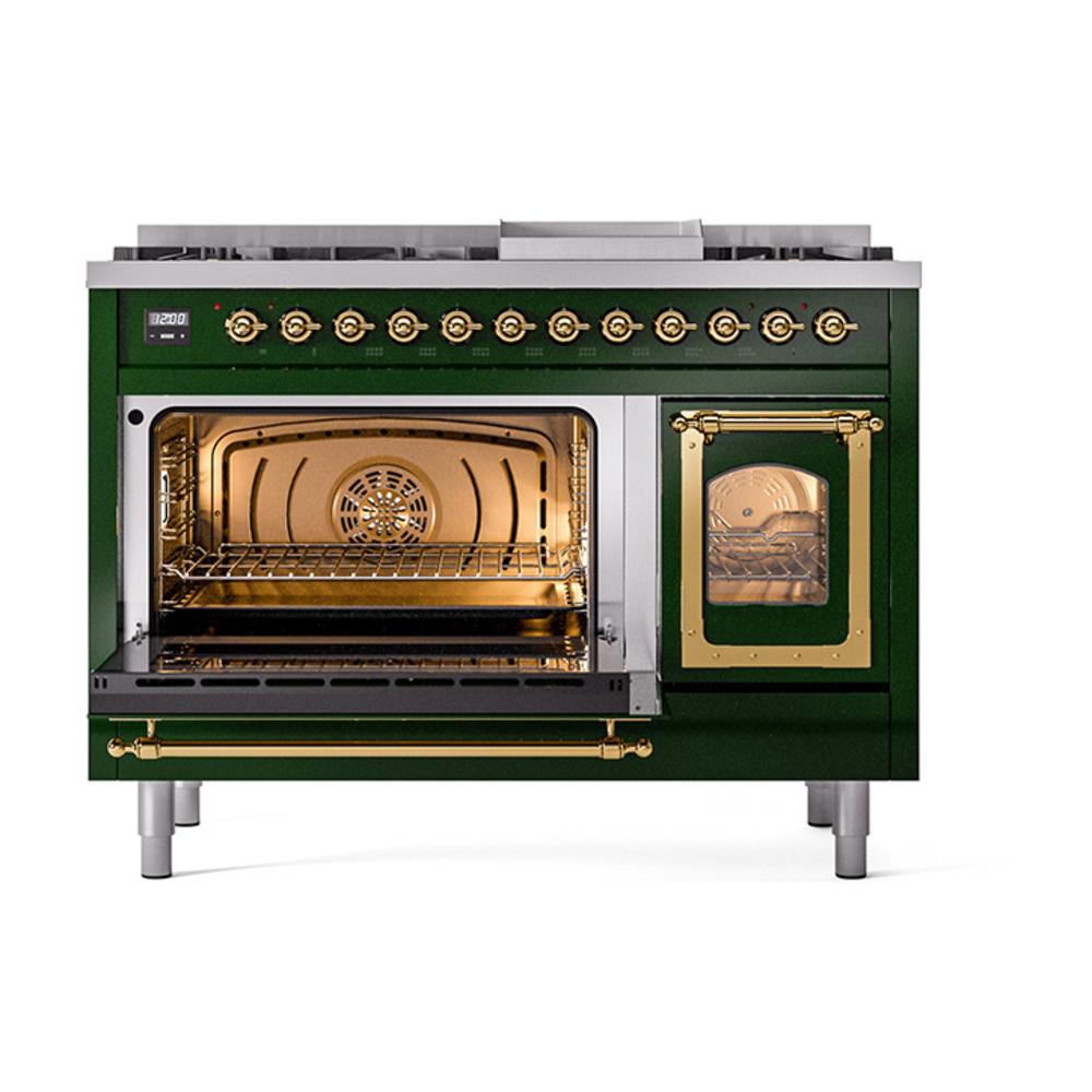 Ilve UN48FNMPEGG Ilve Un48Fnmpegg Nostalgie Ii Noblesse 48" Dual Fuel Range (8 Sealed Burners + Griddle, Natural Gas, Triple Glass Door, Emerald Green, Brass)