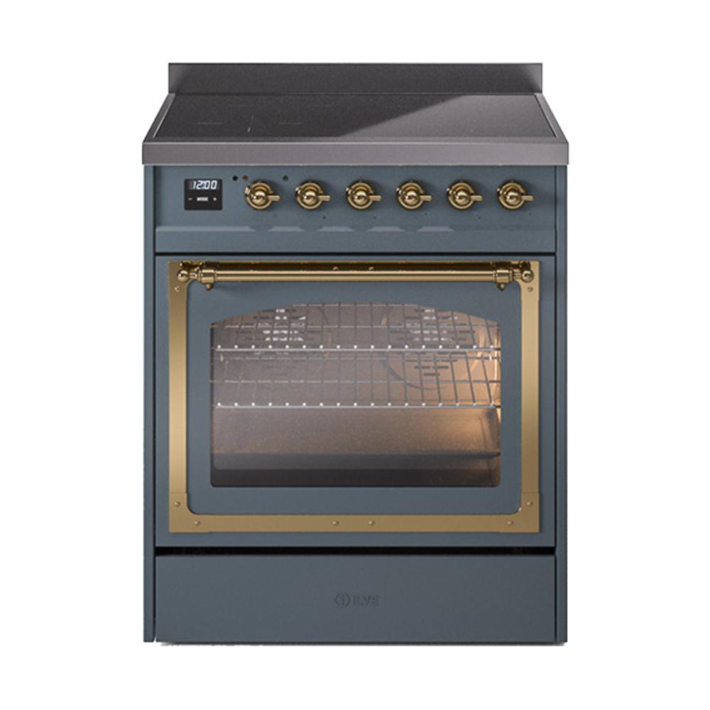 Ilve UNI304NMPBGG Ilve Uni304Nmpbgg Nostalgie Ii Noblesse 30" Induction Range (Triple Glass Door, Blue Grey, Brass)