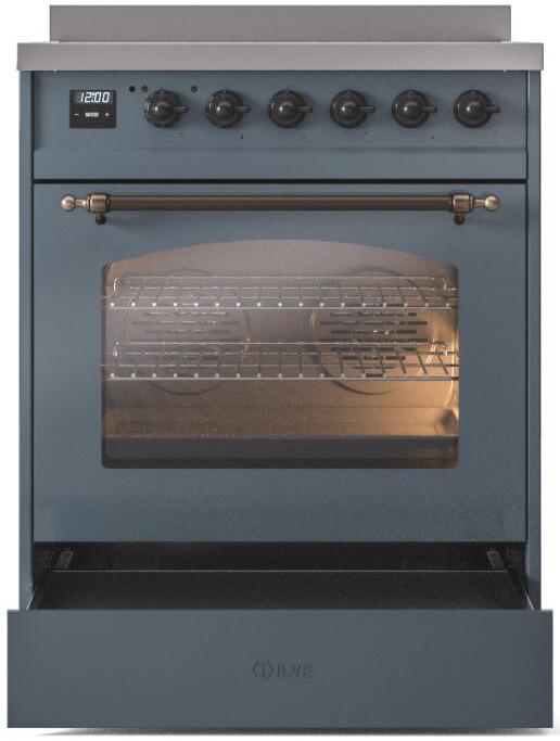 Ilve UPI304NMPBGB Nostalgie Ii 30 Inch Electric Freestanding Range In Blue Grey With Bronze Trim