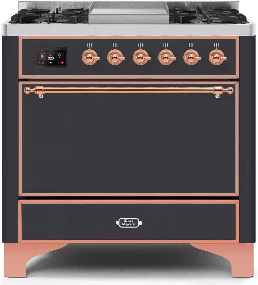 Ilve UM09FDQNS3MGP Majestic Ii 36 Inch Dual Fuel Natural Gas Freestanding Range In Matte Graphite With Copper Trim