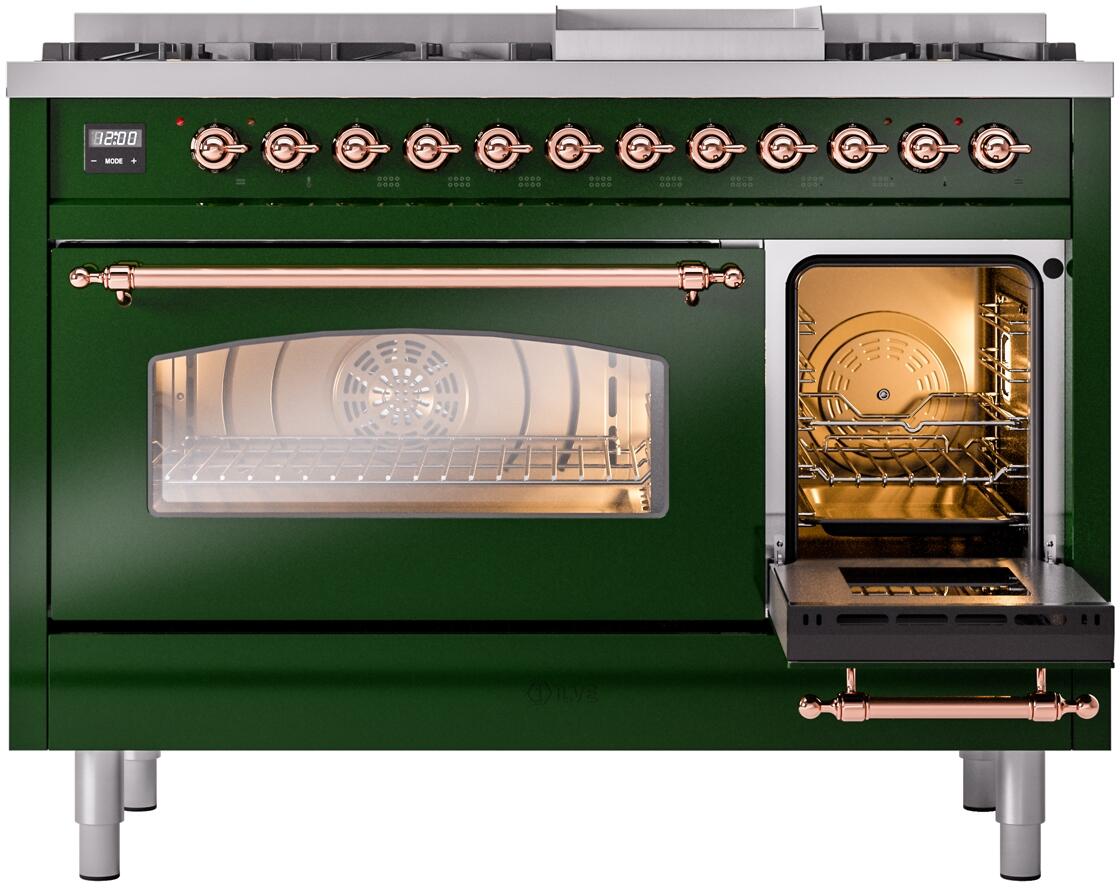 Ilve UP48FNMPEGP Nostalgie Ii 48 Inch Dual Fuel Natural Gas Freestanding Range In Emerald Green With Copper Trim