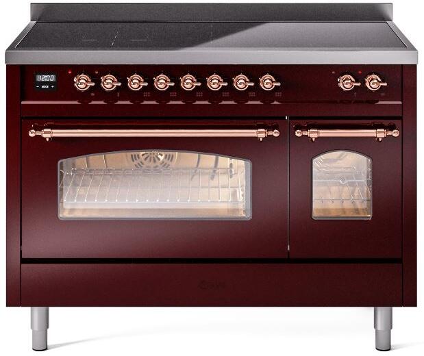 Ilve UPI486NMPBUP Nostalgie Ii 48 Inch Electric Freestanding Range In Burgundy With Copper Trim