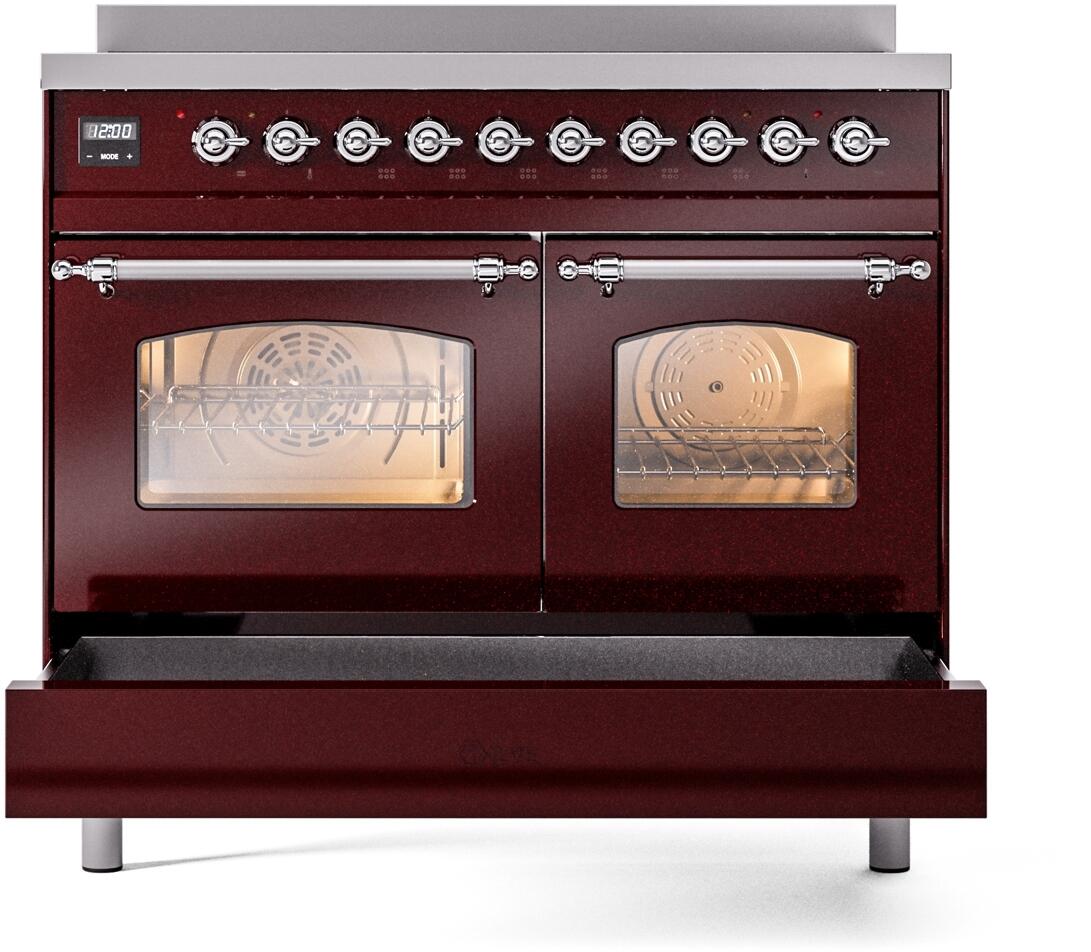 Ilve UPDI406NMPBUC Nostalgie Ii 40 Inch Electric Freestanding Range In Burgundy With Chrome Trim