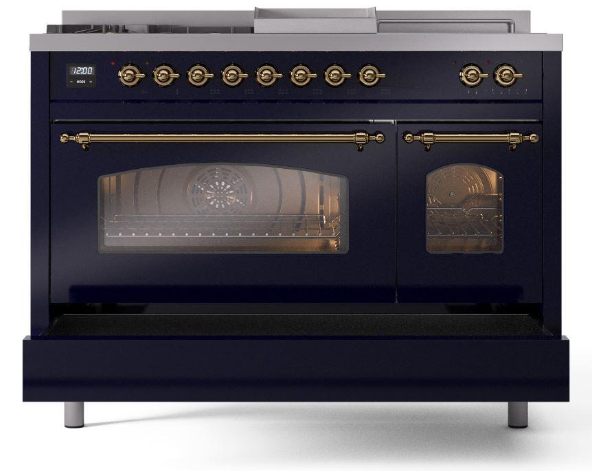 Ilve UP48FSNMPMBG Nostalgie Ii 48 Inch Dual Fuel Natural Gas Freestanding Range In Blue With Brass Trim