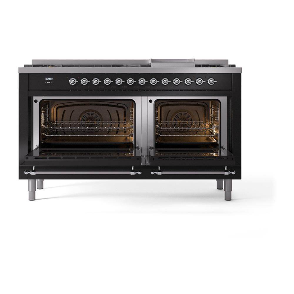 Ilve UN60FNMPBKC Ilve Un60Fnmpbkc Nostalgie Ii Noblesse 60" Dual Fuel Range (9 Sealed Burners + Griddle, Natural Gas, Triple Glass Door, Glossy Black, Chrome)