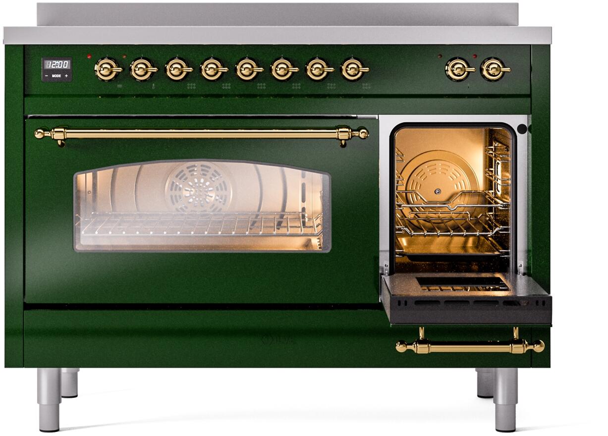 Ilve UPI486NMPEGG Nostalgie Ii 48 Inch Electric Freestanding Range In Emerald Green With Brass Trim