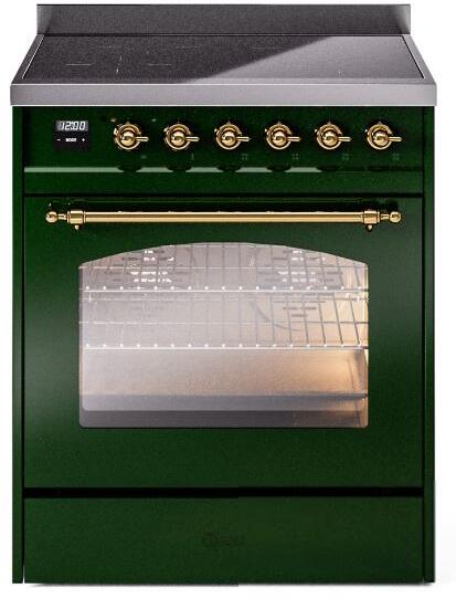 Ilve UPI304NMPEGG Nostalgie Ii 30 Inch Electric Freestanding Range In Emerald Green With Brass Trim