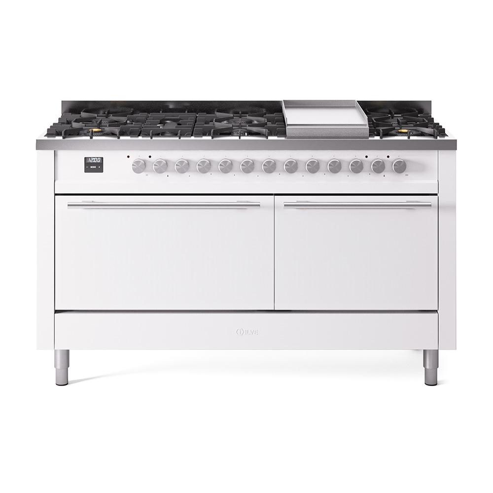 Ilve UP60FQMPWH Ilve Professional Plus Ii 60 Up60Fqmpwh Freestanding Dual Fuel Range With 9 Sealed Burners Double Oven With Solid Door In White With Stainless Steel Knobs