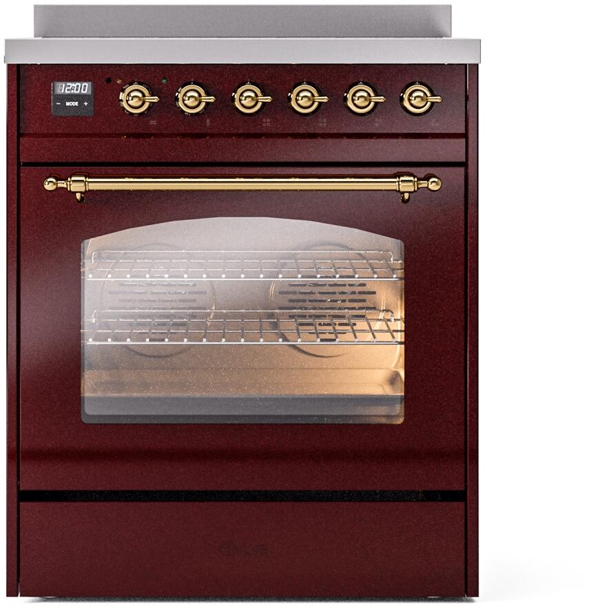 Ilve UPI304NMPBUG Nostalgie Ii 30 Inch Electric Freestanding Range In Burgundy With Brass Trim