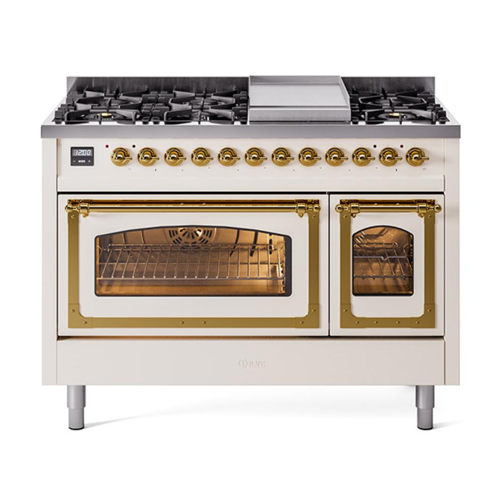 Ilve UN48FNMPAWG Ilve Un48Fnmpawg Nostalgie Ii Noblesse 48" Dual Fuel Range (8 Sealed Burners + Griddle, Natural Gas, Triple Glass Door, Antique White, Brass)