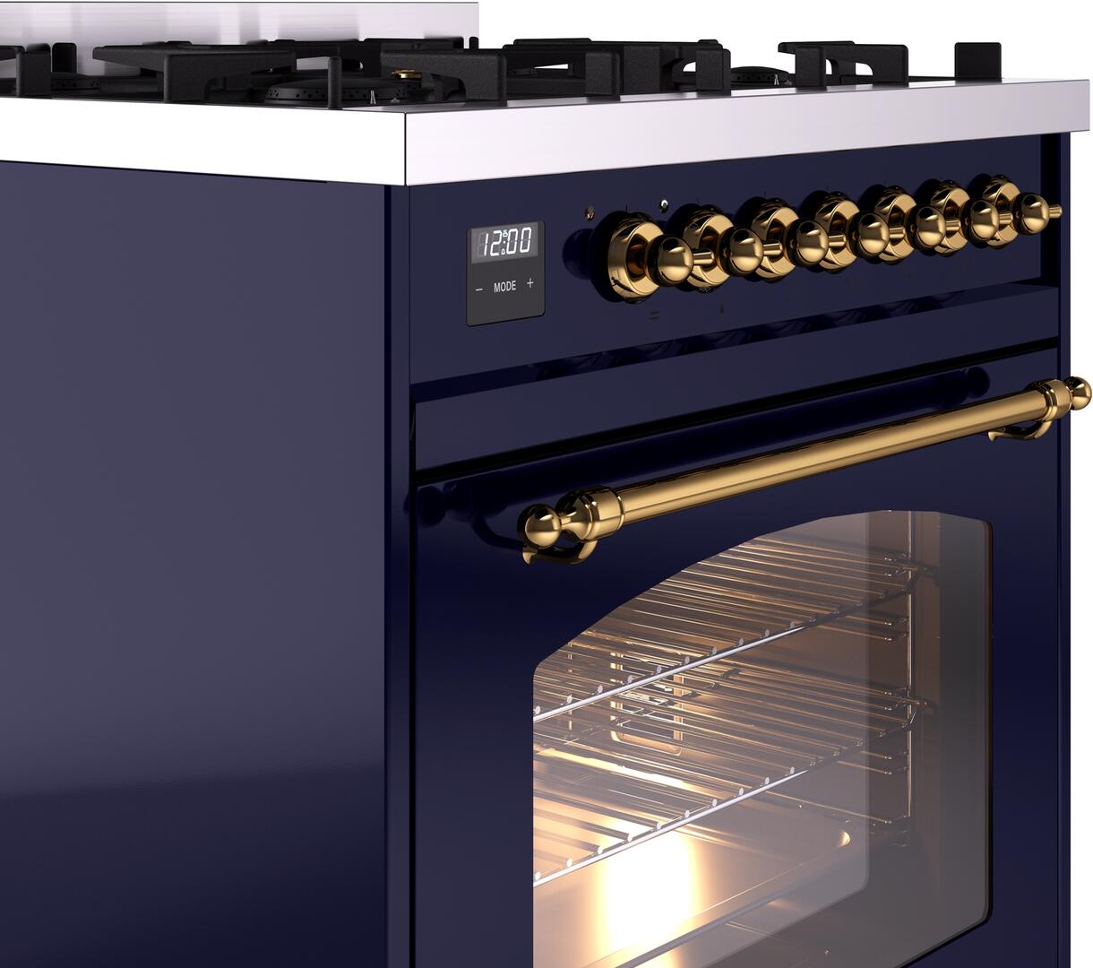 Ilve UP30NMPMBGLP Nostalgie Ii 30 Inch Dual Fuel Liquid Propane Freestanding Range In Blue With Brass Trim