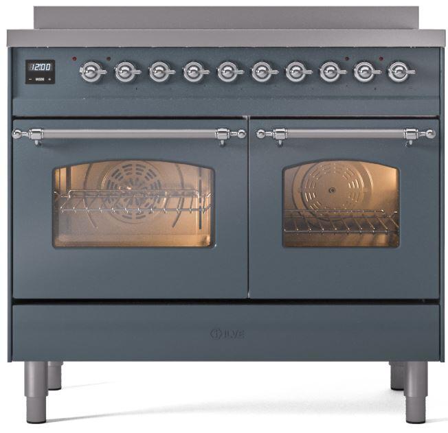 Ilve UPDI406NMPBGC Nostalgie Ii 40 Inch Electric Freestanding Range In Blue Grey With Chrome Trim