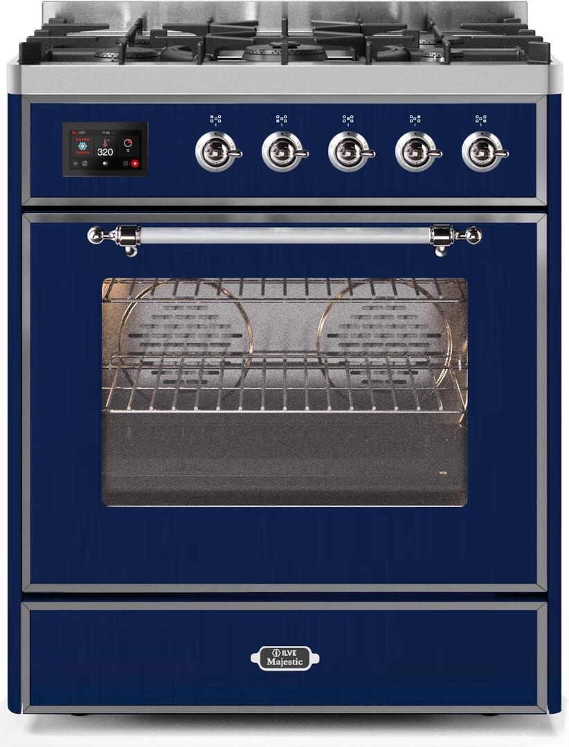 Ilve UM30DNE3MBCLP Majestic Ii 30 Inch Dual Fuel Liquid Propane Freestanding Range In Blue With Chrome Trim