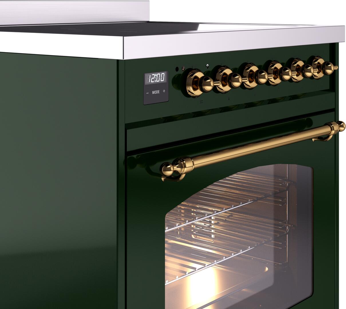 Ilve UPI304NMPEGG Nostalgie Ii 30 Inch Electric Freestanding Range In Emerald Green With Brass Trim