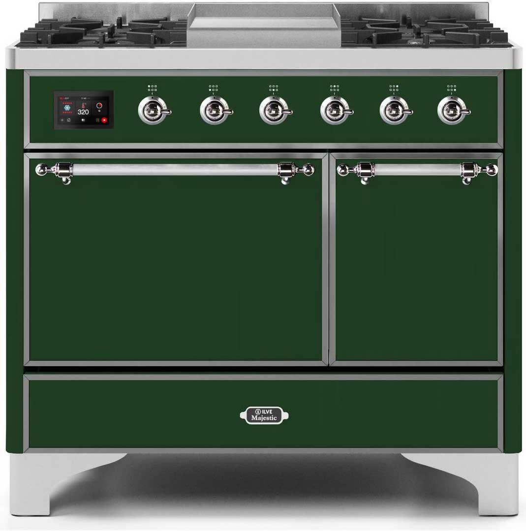 Ilve UMD10FDQNS3EGC Majestic Ii 40 Inch Dual Fuel Natural Gas Freestanding Range In Emerald Green With Chrome Trim