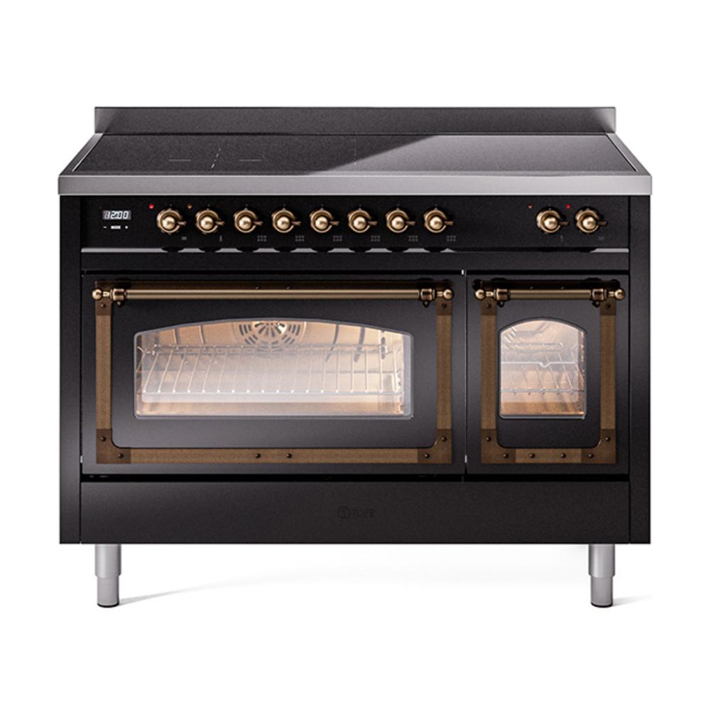 Ilve UNI486NMPBKB Ilve Uni486Nmpbkb Nostalgie Ii Noblesse 48" Induction Range (Triple Glass Door, Glossy Black, Burnished)