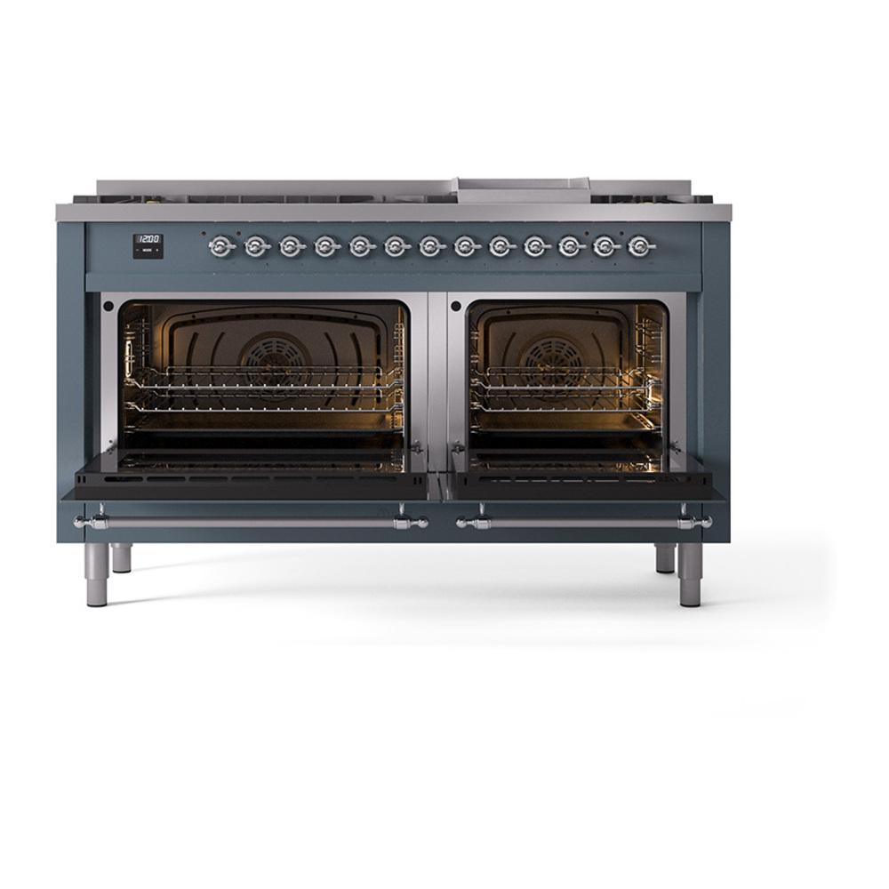 Ilve UN60FNMPBGC Ilve Un60Fnmpbgc Nostalgie Ii Noblesse 60" Dual Fuel Range (9 Sealed Burners + Griddle, Natural Gas, Triple Glass Door, Blue Grey, Chrome)