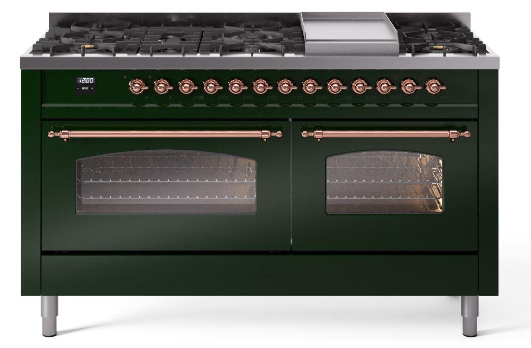 Ilve UP60FNMPEGPLP Nostalgie Ii 60 Inch Dual Fuel Liquid Propane Freestanding Range In Emerald Green With Copper Trim