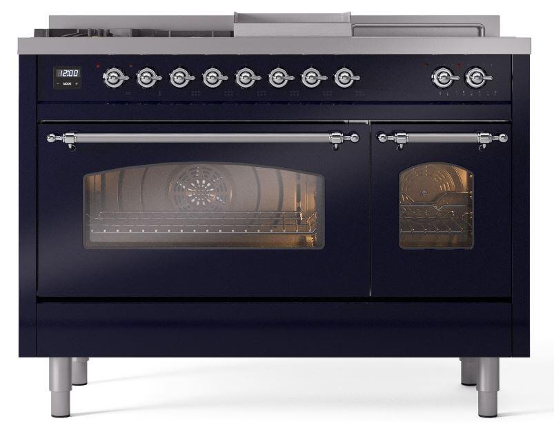 Ilve UP48FSNMPMBC Nostalgie Ii 48 Inch Dual Fuel Natural Gas Freestanding Range In Blue With Chrome Trim