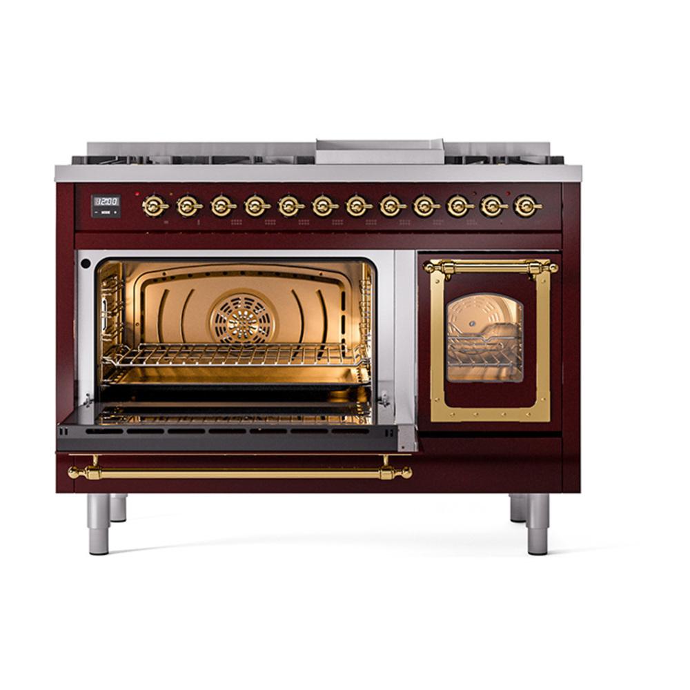 Ilve UN48FNMPBUG Ilve Un48Fnmpbug Nostalgie Ii Noblesse 48" Dual Fuel Range (8 Sealed Burners + Griddle, Natural Gas, Triple Glass Door, Burgundy, Brass)