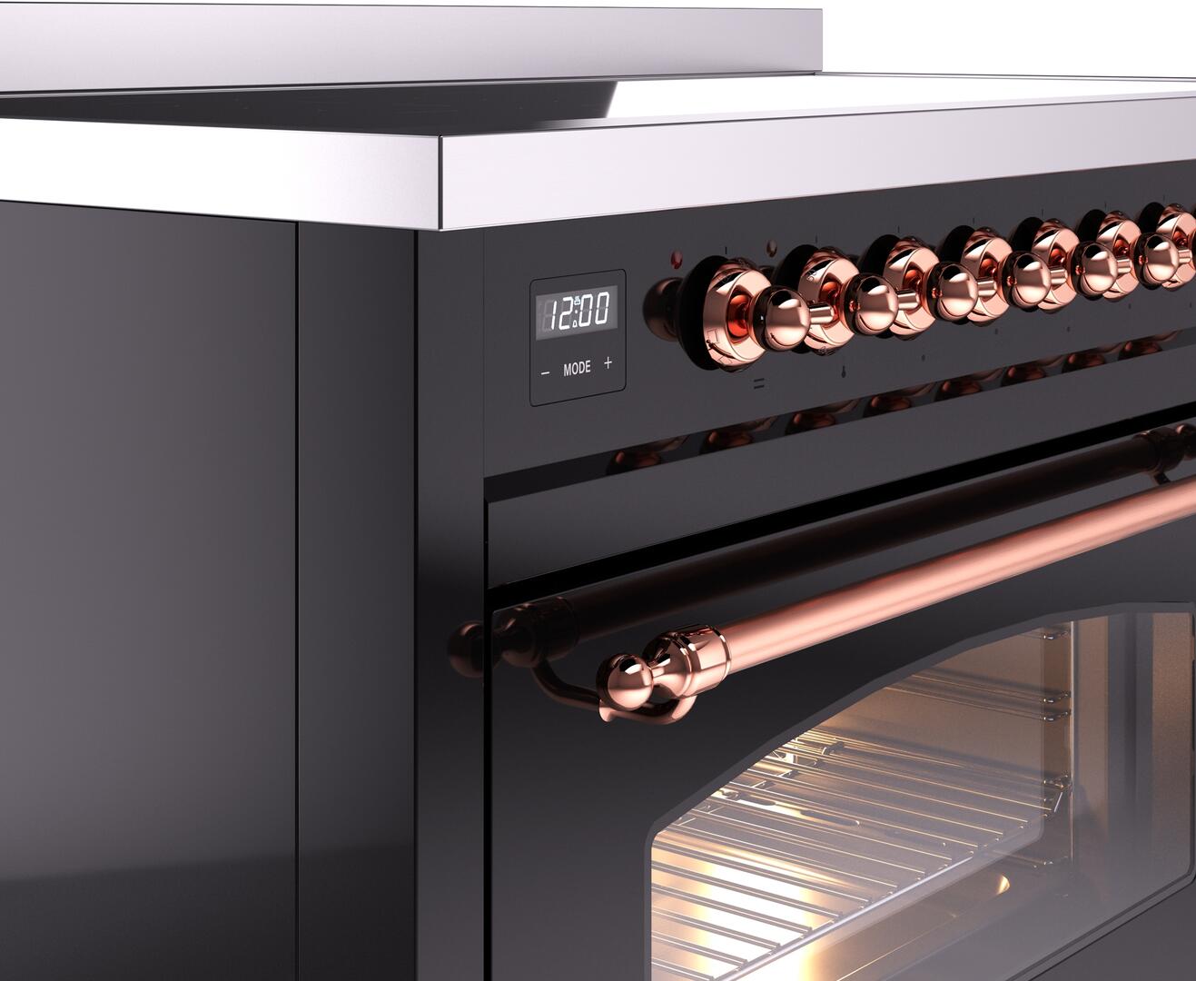 Ilve UPI486NMPBKP Nostalgie Ii 48 Inch Electric Freestanding Range In Glossy Black With Copper Trim