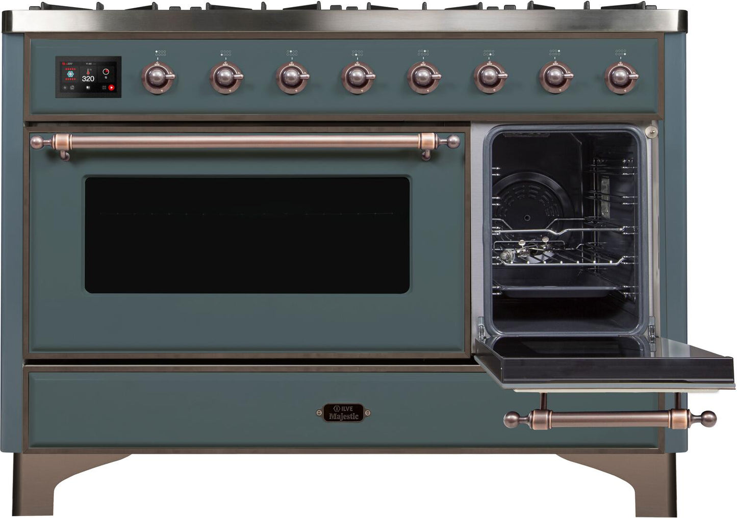 Ilve UM12FDNS3BGBLP Majestic Ii 48 Inch Dual Fuel Liquid Propane Freestanding Range In Blue Grey With Bronze Trim