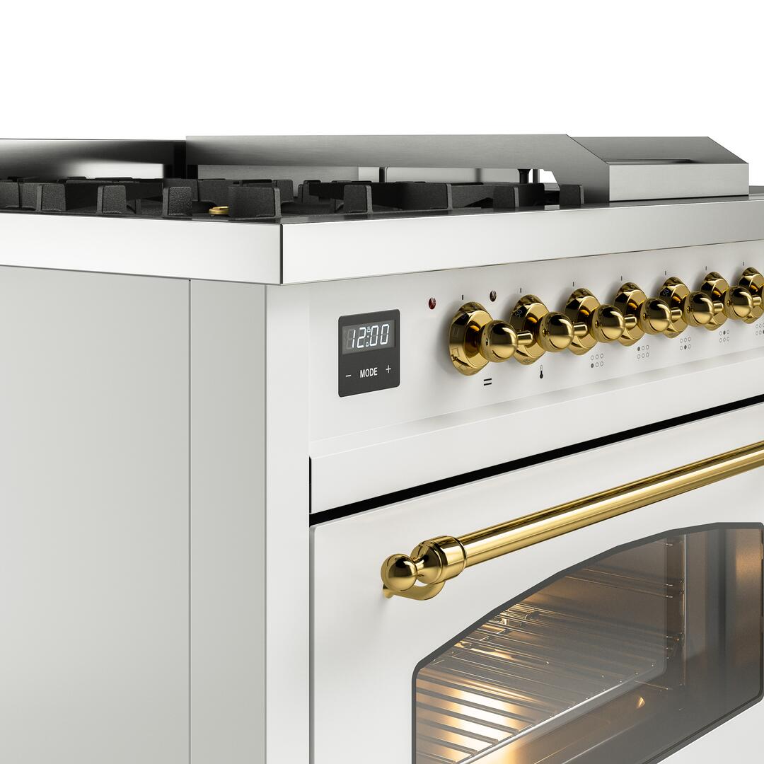 Ilve UP48FSNMPWHG Nostalgie Ii 48 Inch Dual Fuel Natural Gas Freestanding Range In White With Brass Trim