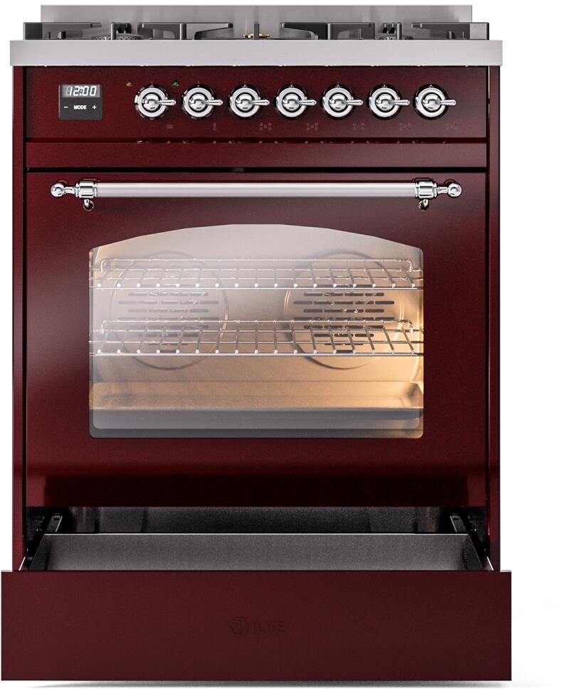 Ilve UP30NMPBUCLP Nostalgie Ii 30 Inch Dual Fuel Liquid Propane Freestanding Range In Burgundy With Chrome Trim