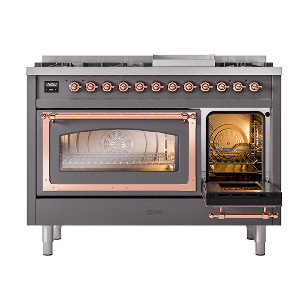 Ilve UN48FNMPMGPLP Ilve Un48Fnmpmgplp Nostalgie Ii Noblesse 48" Dual Fuel Range (8 Sealed Burners + Griddle, Liquid Propane, Triple Glass Door, Graphite Matte, Copper)