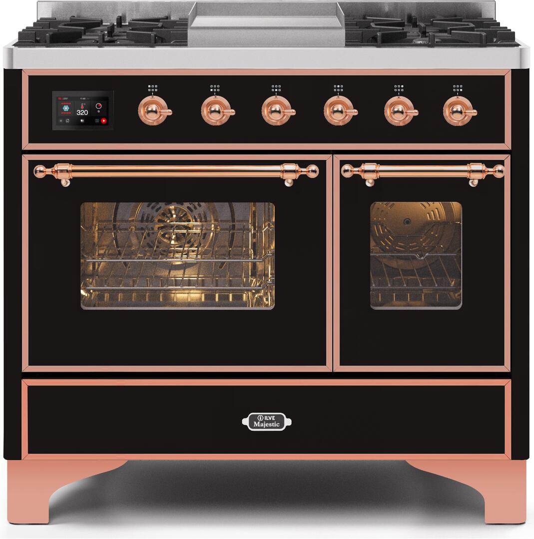 Ilve UMD10FDNS3BKP Majestic Ii 40 Inch Dual Fuel Natural Gas Freestanding Range In Glossy Black With Copper Trim