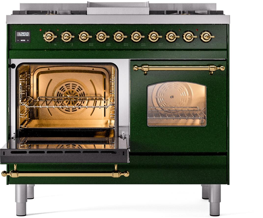 Ilve UPD40FNMPEGGLP Nostalgie Ii 40 Inch Dual Fuel Liquid Propane Freestanding Range In Emerald Green With Brass Trim