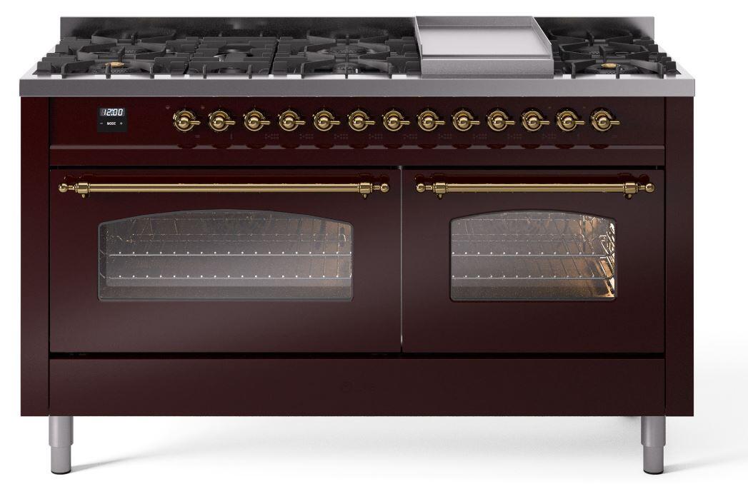 Ilve UP60FNMPBUGLP Nostalgie Ii 60 Inch Dual Fuel Liquid Propane Freestanding Range In Burgundy With Brass Trim